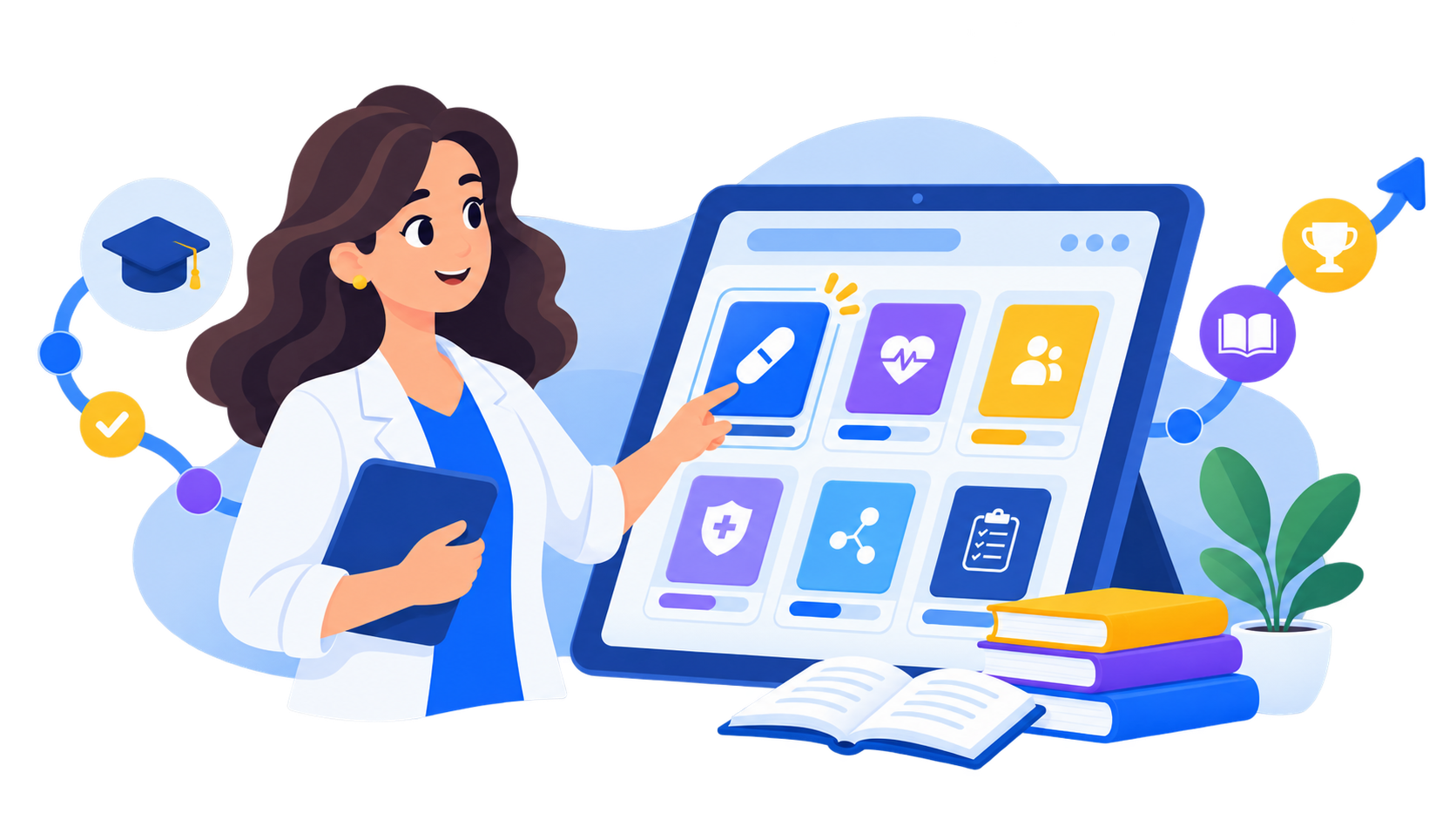 Profesional explorando una biblioteca digital de aprendizaje en salud